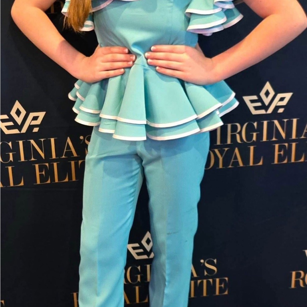 Blue Ruffled Peplum Jumpsuit perfect pageant casual or interview